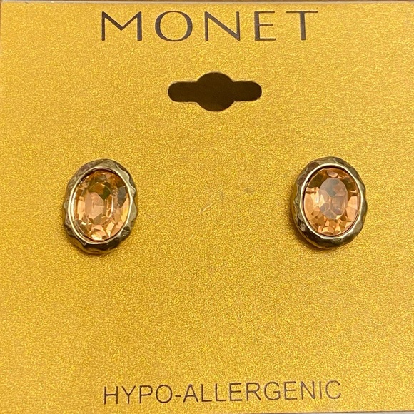 Monet Jewelry - Monet Collection Pink and Gold Bezel Oval Shape Logo Earrings.
